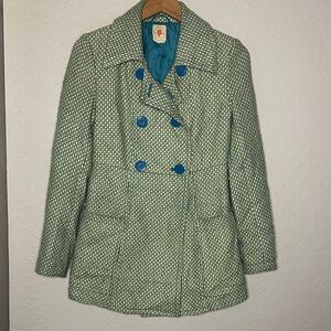 Anthropologie Tulle Wool Pea Coat Double Breast Green Blue Fall Winter Preppy